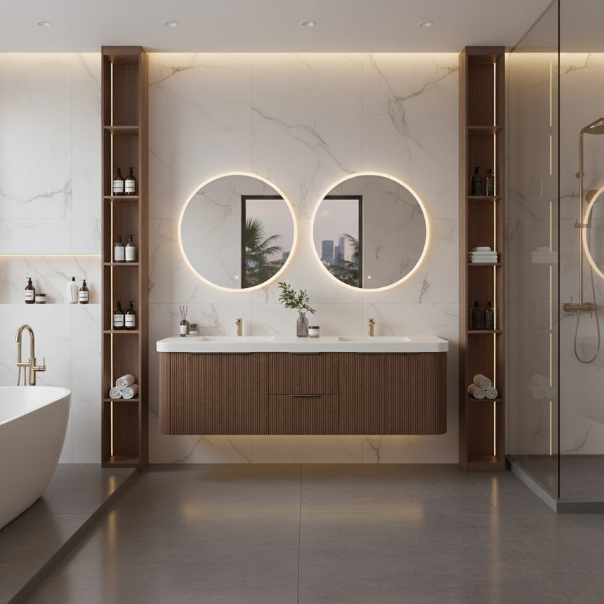 Modern bathroom with wooden vanity, freestanding bathtub, and shower area.