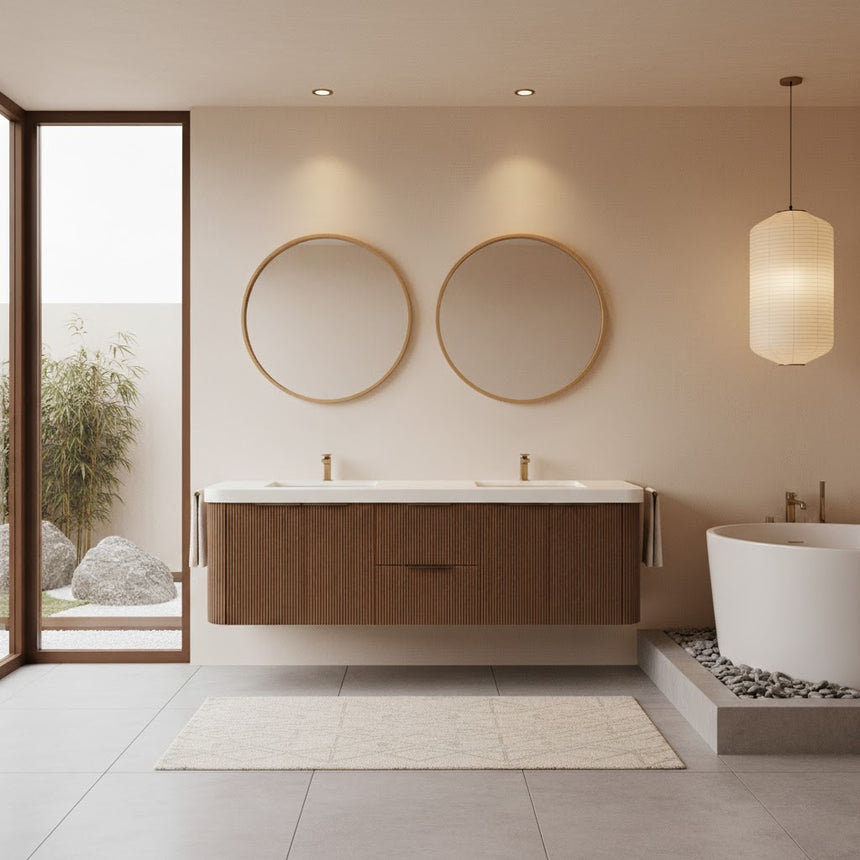 Modern bathroom with wooden vanity, freestanding bathtub, and shower area.