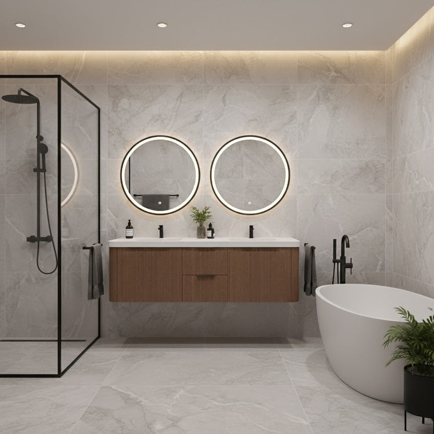 Modern bathroom with wooden vanity, freestanding bathtub, and shower area.