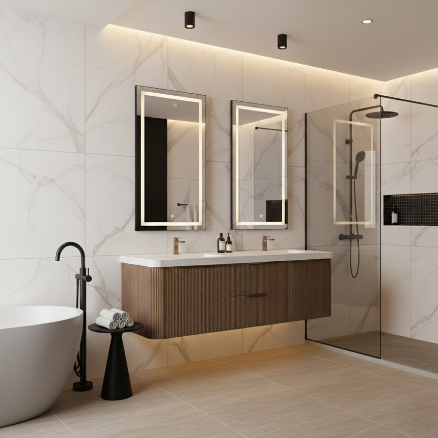 Modern bathroom with wooden vanity, freestanding bathtub, and shower area.
