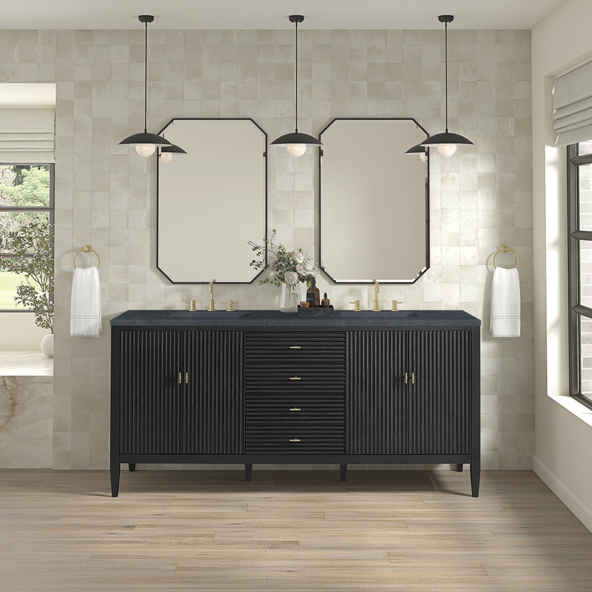 White bathroom vanity with marble countertop and decorative flowers in a bathroom setting.