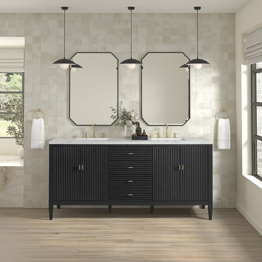 White bathroom vanity with marble countertop and decorative flowers in a bathroom setting.
