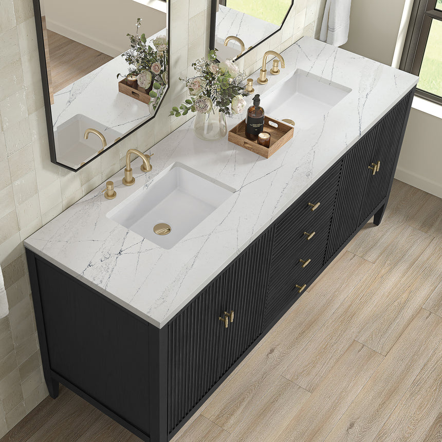 White bathroom vanity with marble countertop and decorative flowers in a bathroom setting.