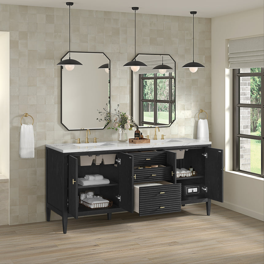 White bathroom vanity with marble countertop and decorative flowers in a bathroom setting.