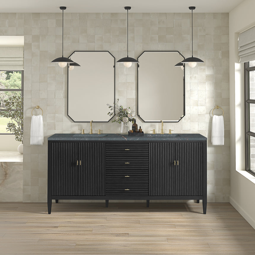 White bathroom vanity with marble countertop and decorative flowers in a bathroom setting.