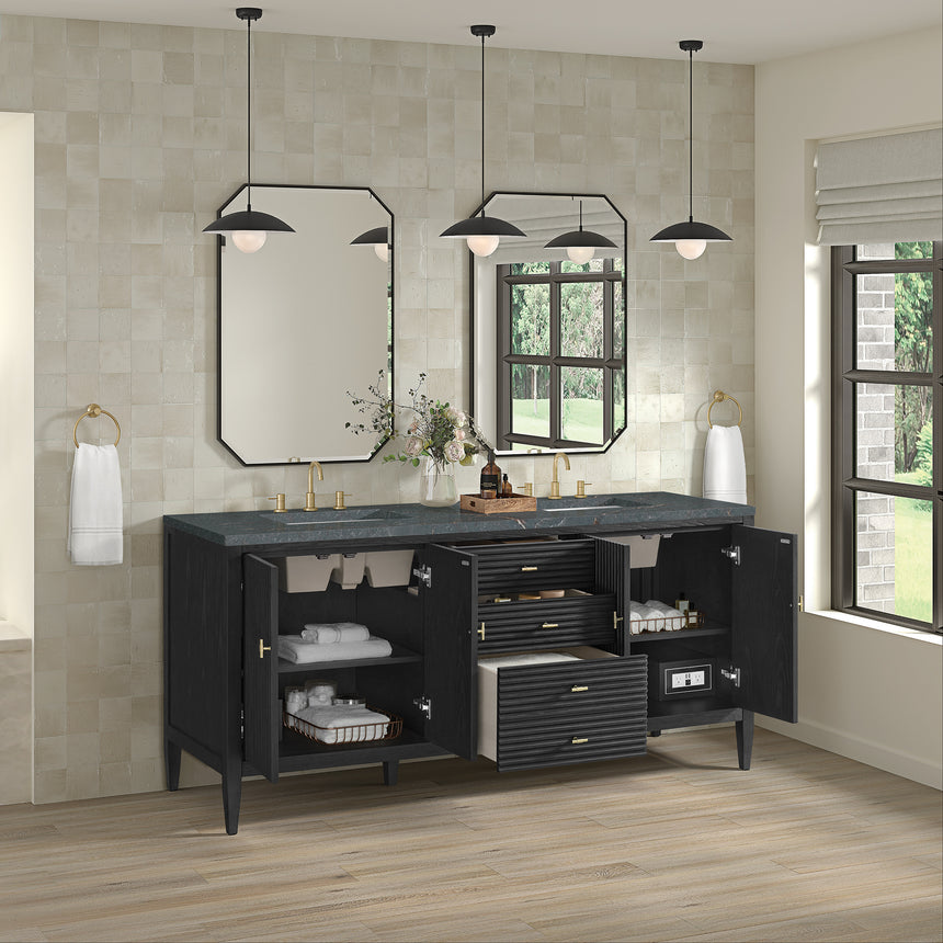 White bathroom vanity with marble countertop and decorative flowers in a bathroom setting.
