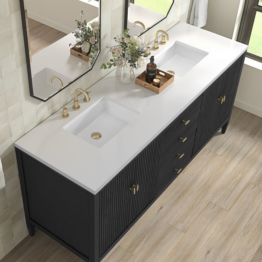White bathroom vanity with marble countertop and decorative flowers in a bathroom setting.