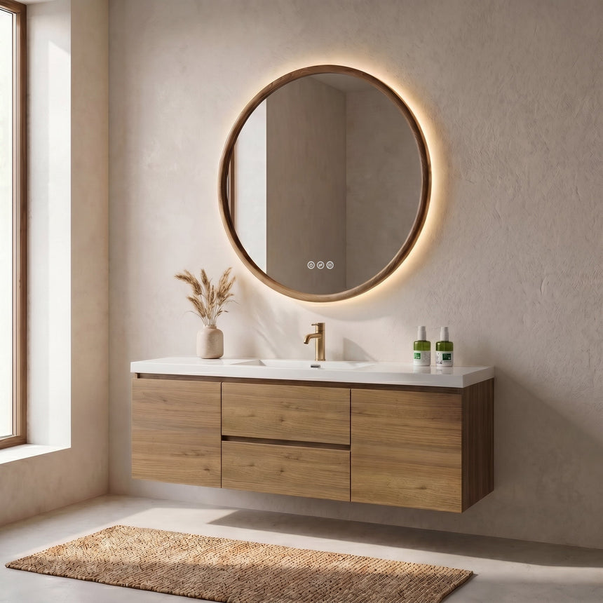 Single vs double floating vanity comparison in modern bathroom showing dual sink and single sink wall mounted designs