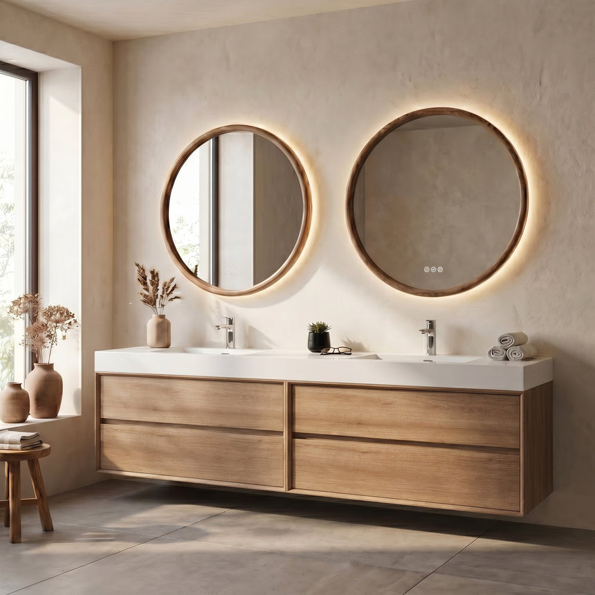 Modern double-sink floating vanity in a family bathroom – safe and stylish design for kids and everyday use.