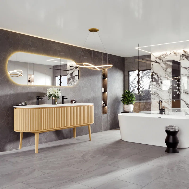 Modern double-sink floating vanity in a family bathroom – safe and stylish design for kids and everyday use.