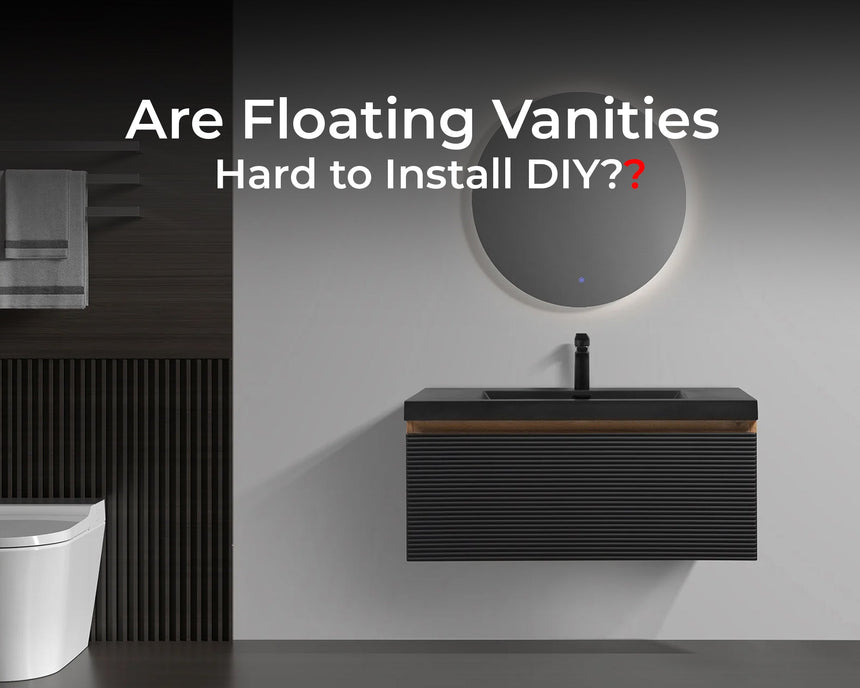 Modern bathroom featuring a black floating vanity with vessel sink and round mirror, used as cover image for the blog “Are Floating Vanities Hard to Install DIY?
