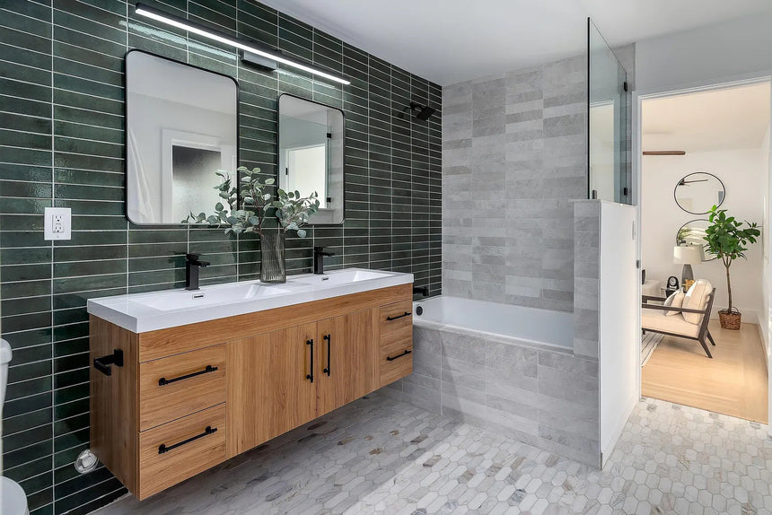 Bathroom with Belgian Floating Vanity  in natural teak finish, double sink design, green tile accent wall, and modern fixtures.