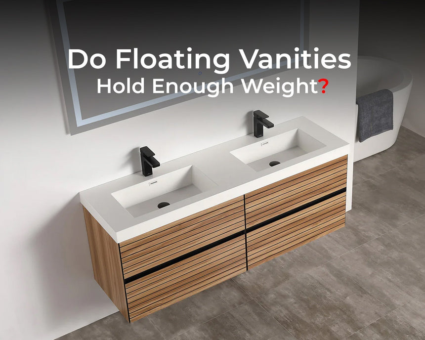 Double-sink floating vanity with wood slat design and white countertop in a modern bathroom – cover image for Do Floating Vanities Hold Enough Weight