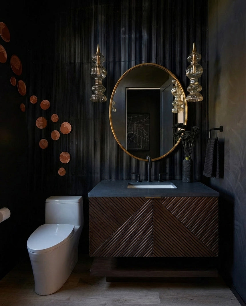 Modern Bathroom Vanity with a floating shelve below, shower door, and LED mirrors. 