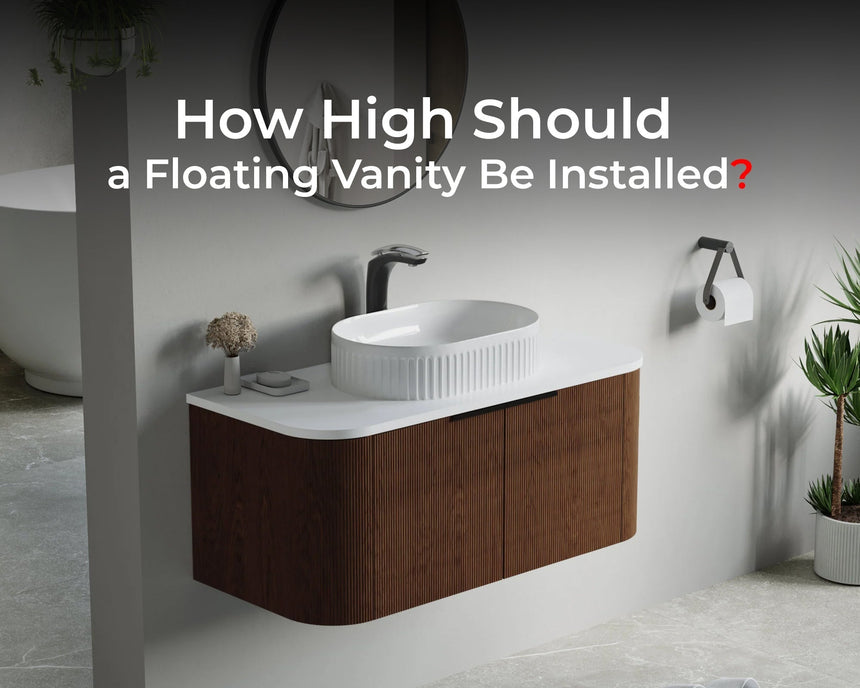 Modern bathroom with curved-edge floating vanity and vessel sink – illustrating ideal floating vanity installation height.