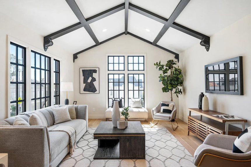 Elegant living room with vaulted ceilings and exposed wood beams at San Francisco