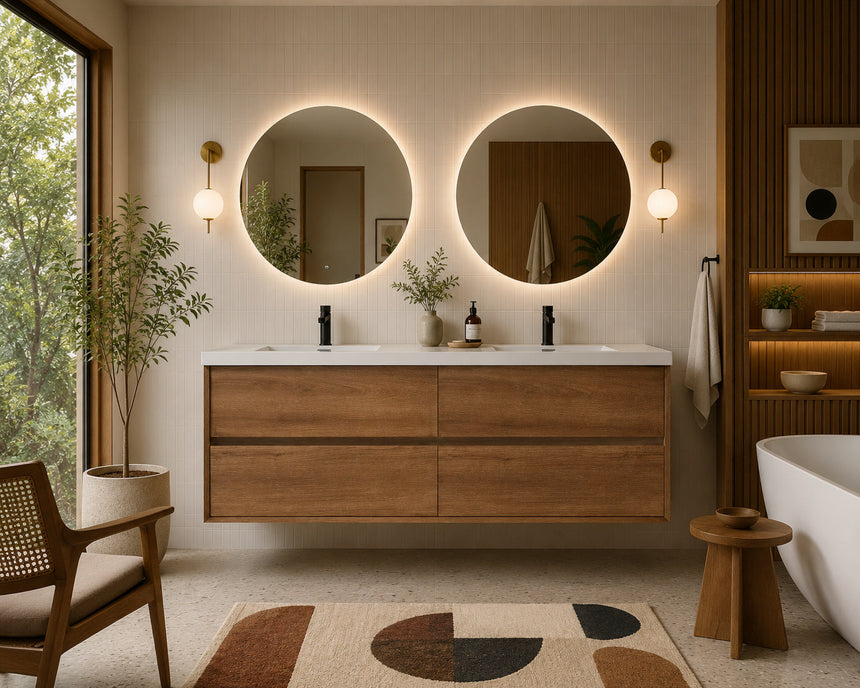 Mid Century Modern Bathroom with a walnut floating vanity