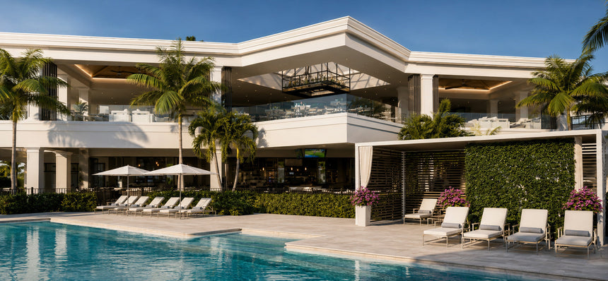 Resort-style clubhouse and outdoor swimming pool at The Polo Club of Boca Raton, offering luxury amenities for residents.