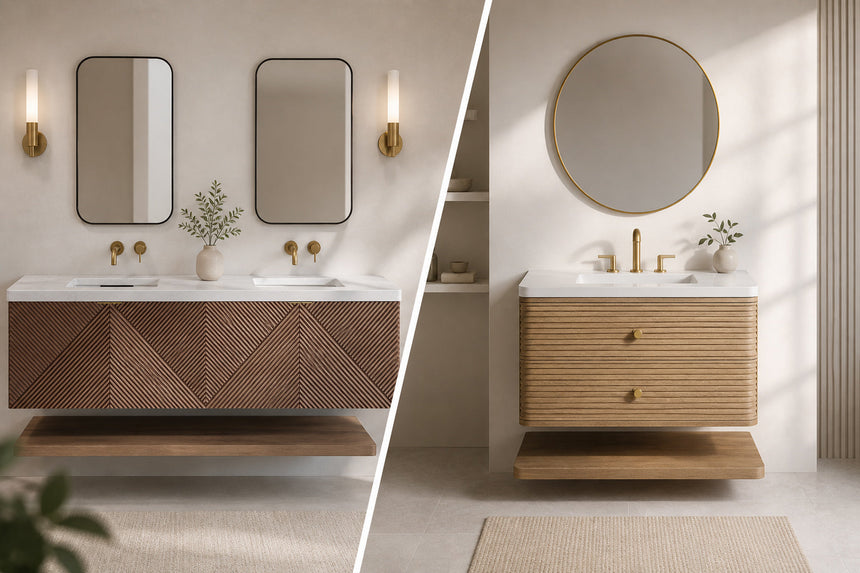 Single vs double floating vanity comparison in modern bathroom showing dual sink and single sink wall mounted designs
