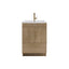 Bathroom vanity with wooden finish and white countertop on a white background