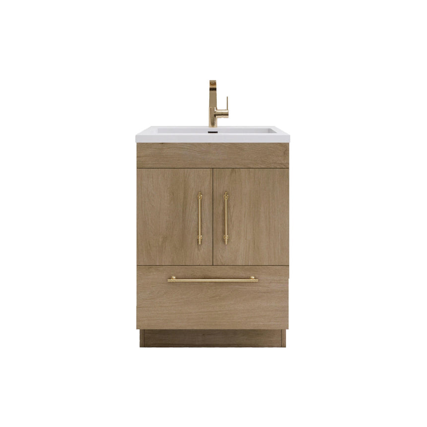 Bathroom with wooden vanity, sink, and decorative elements.