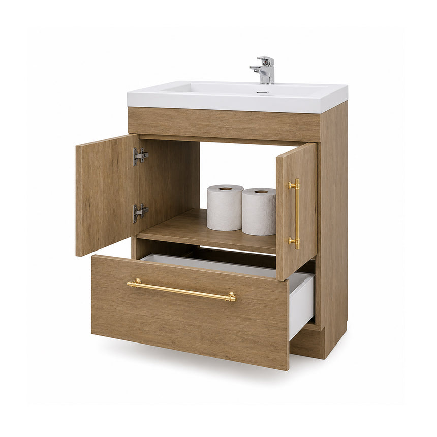 Bathroom with wooden vanity, sink, and decorative elements.