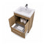 Bathroom vanity with open cabinet showing toilet paper and towels on a white background