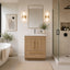 Modern bathroom with wooden vanity, mirror, and bathtub.