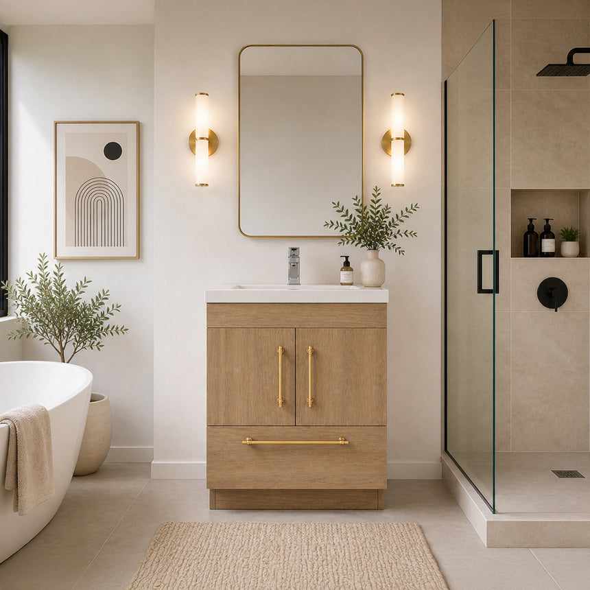 Bathroom with wooden vanity, sink, and decorative elements.