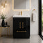 Modern bathroom with black vanity, gold fixtures, and marble walls.