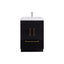 Black bathroom vanity with white countertop and gold fixtures on a white background
