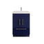 Blue bathroom vanity with white countertop and gold handles on a white background