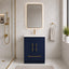 Bathroom with blue vanity, gold fixtures, and a mirror with LED lighting.