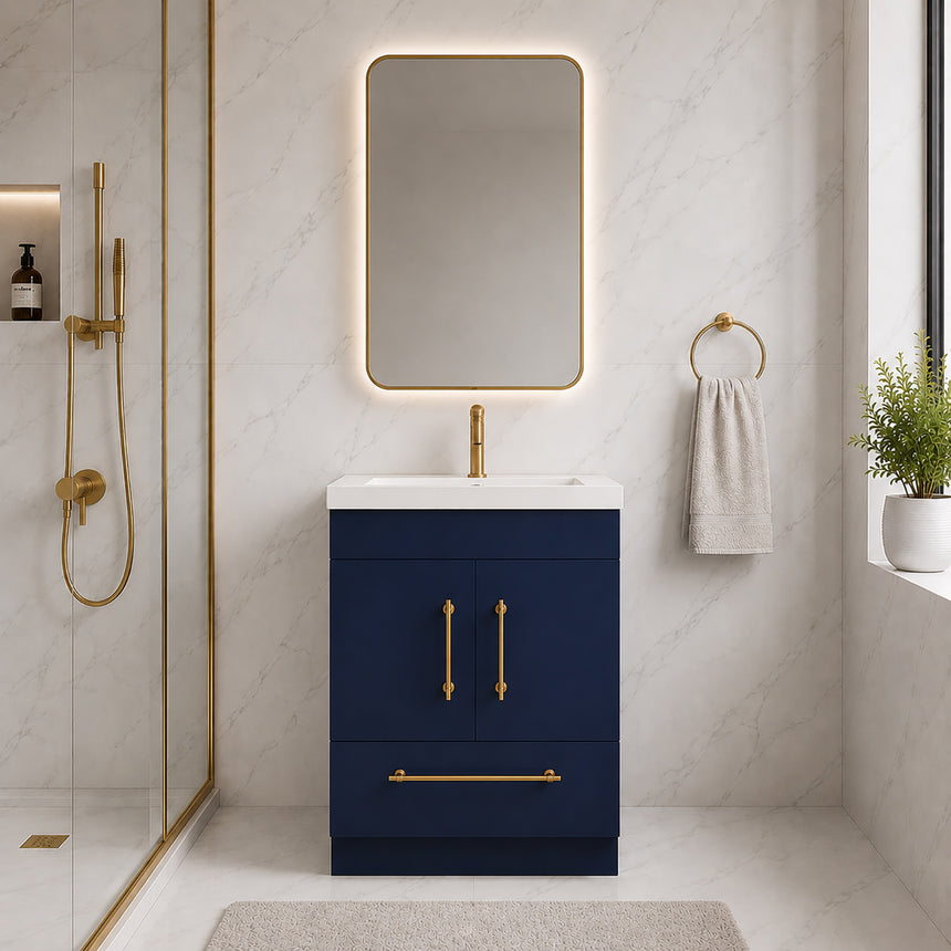 Bathroom with wooden vanity, sink, and decorative elements.
