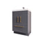 Gray bathroom vanity with gold handles on a white background