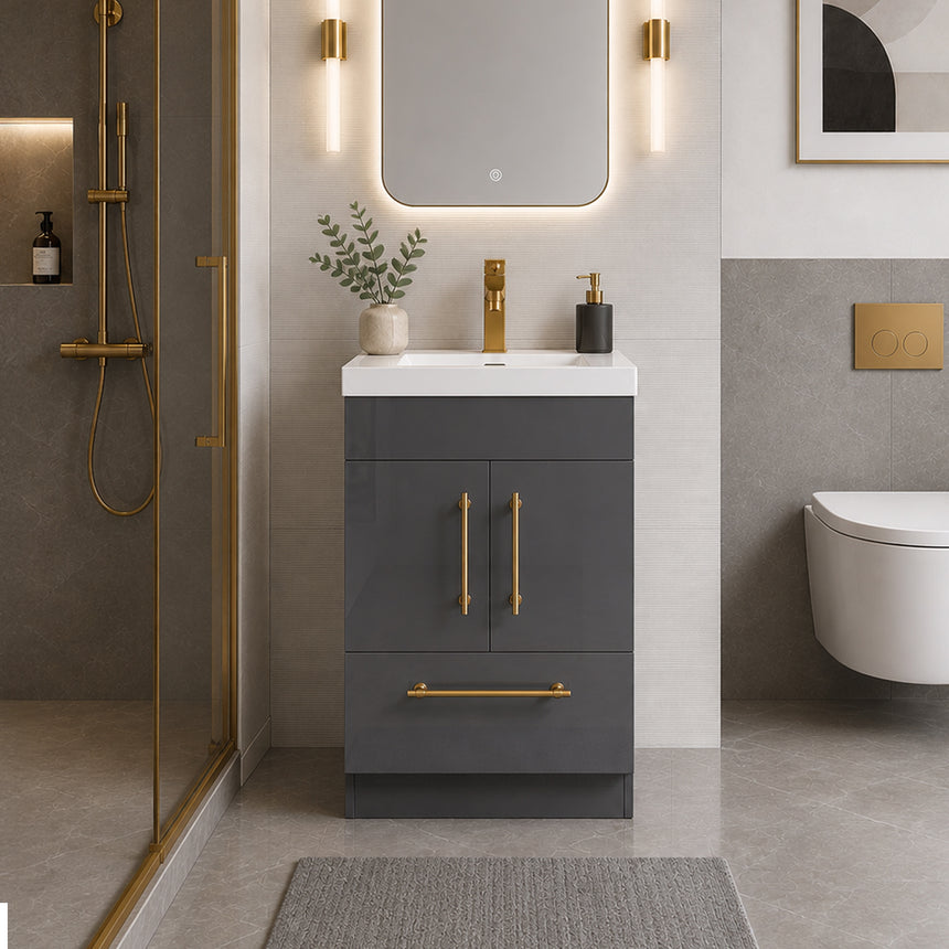 Bathroom with wooden vanity, sink, and decorative elements.