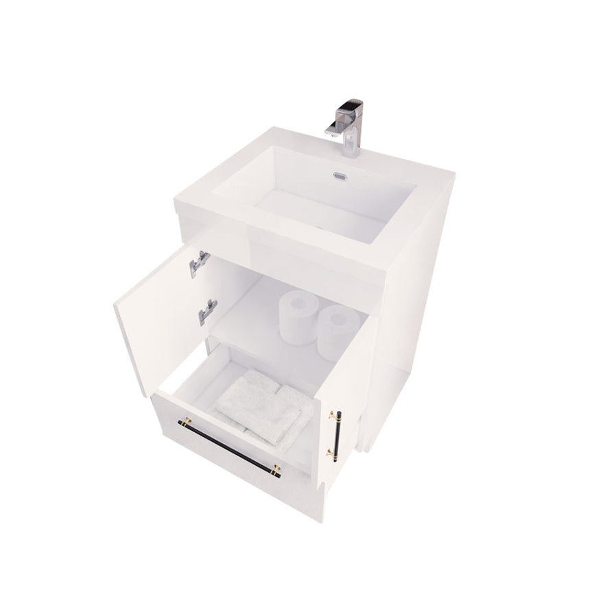 Bathroom with wooden vanity, sink, and decorative elements.