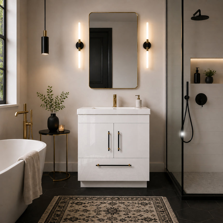 Bathroom with wooden vanity, sink, and decorative elements.