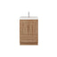 Wooden bathroom vanity with white countertop and sink on a white background