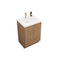 Bathroom vanity with wooden cabinet, white countertop, and gold fixtures on a white background