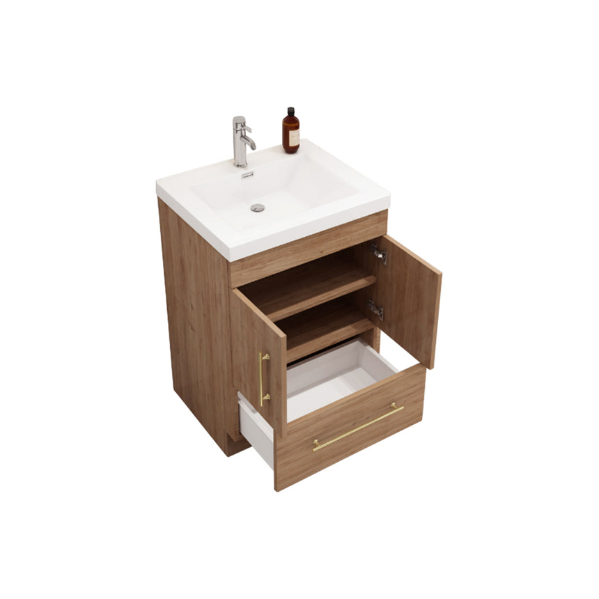 Bathroom with wooden vanity, sink, and decorative elements.
