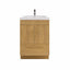 Wooden bathroom vanity with white countertop on a white background