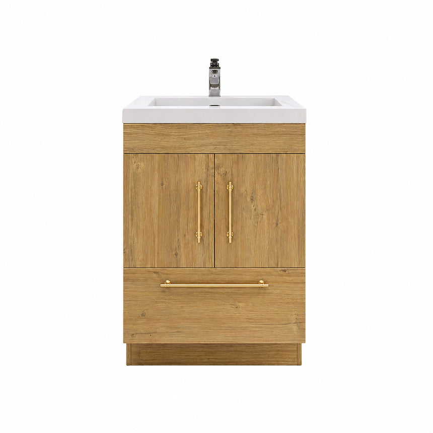Bathroom with wooden vanity, sink, and decorative elements.