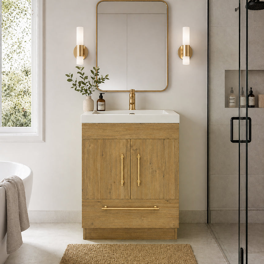 Bathroom with wooden vanity, sink, and decorative elements.