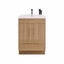 Bathroom vanity with wooden finish, white countertop, and gold handles on a white background