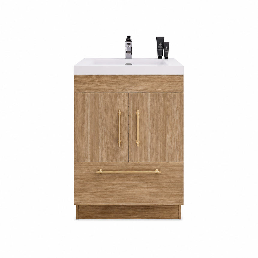 Bathroom with wooden vanity, sink, and decorative elements.