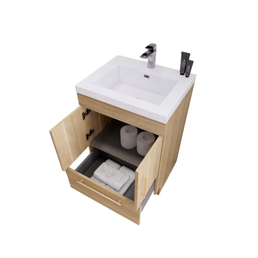 Bathroom with wooden vanity, sink, and decorative elements.