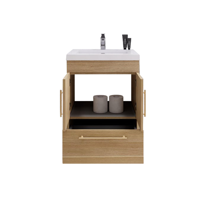 Bathroom with wooden vanity, sink, and decorative elements.