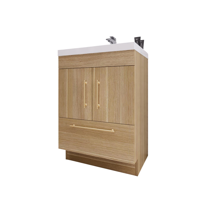 Bathroom with wooden vanity, sink, and decorative elements.