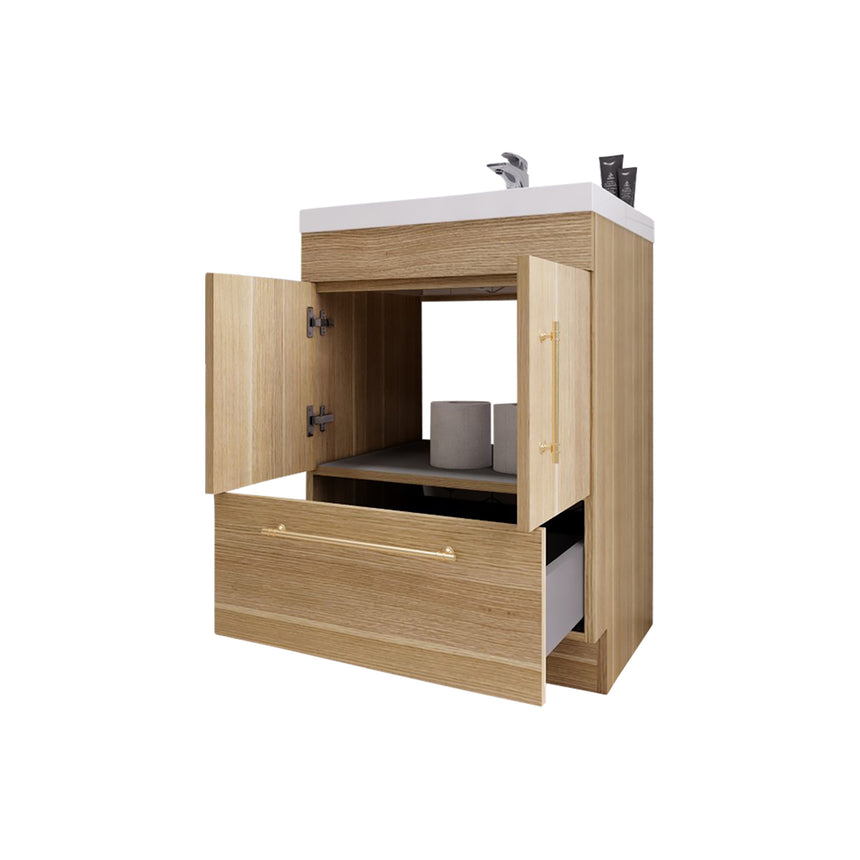 Bathroom with wooden vanity, sink, and decorative elements.